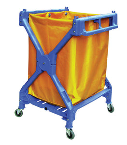 Blue X frame folding cart with yellow vinyl bag 27.9"x25.9"x37.4"