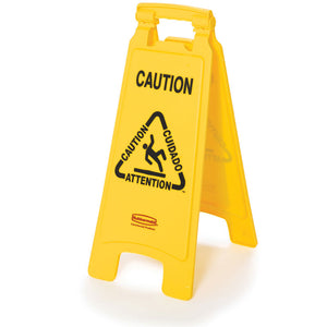 Double sided multi-lingual "Caution" sign yellow 11"x 25"