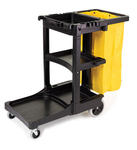 Black janitor cart with yellow vinyl bag 46" x 21.75" x 38.375" H