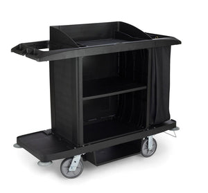 Black housekeeping cart with black bag 60"x22"x50" H